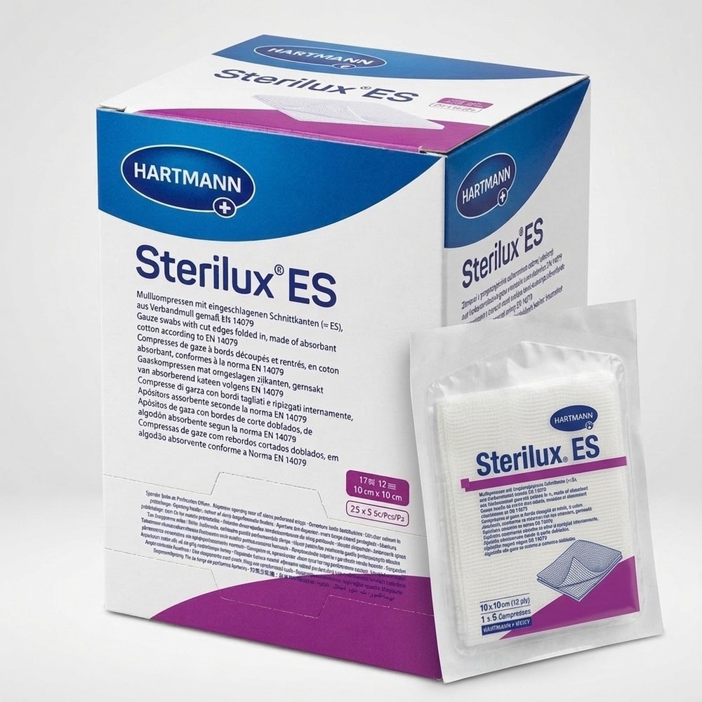 Compresses de gaze tissées stérile 12 plis 10 x 10 cm Sterilux ES - 25 blisters de 5 compresses