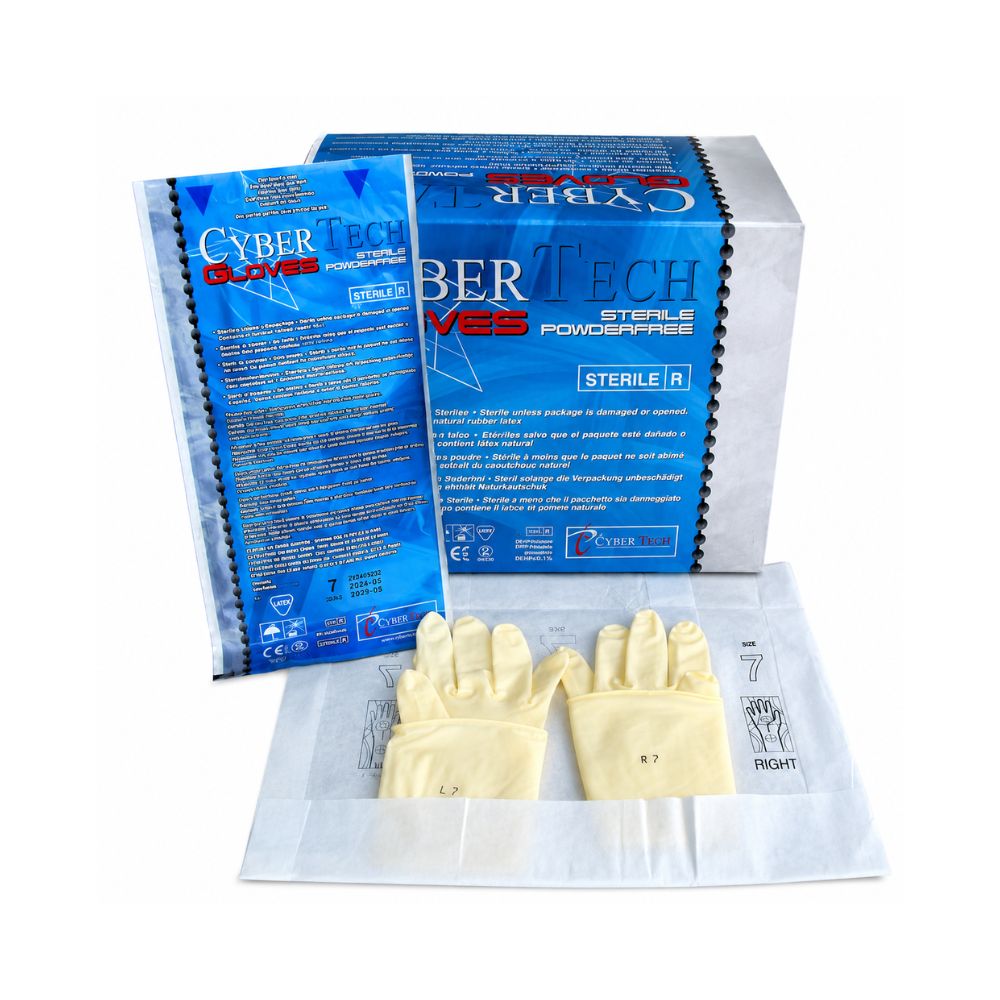 Gants stériles non poudrés latex CYBERTECH - boîte de 50 paires - Taille 6.5