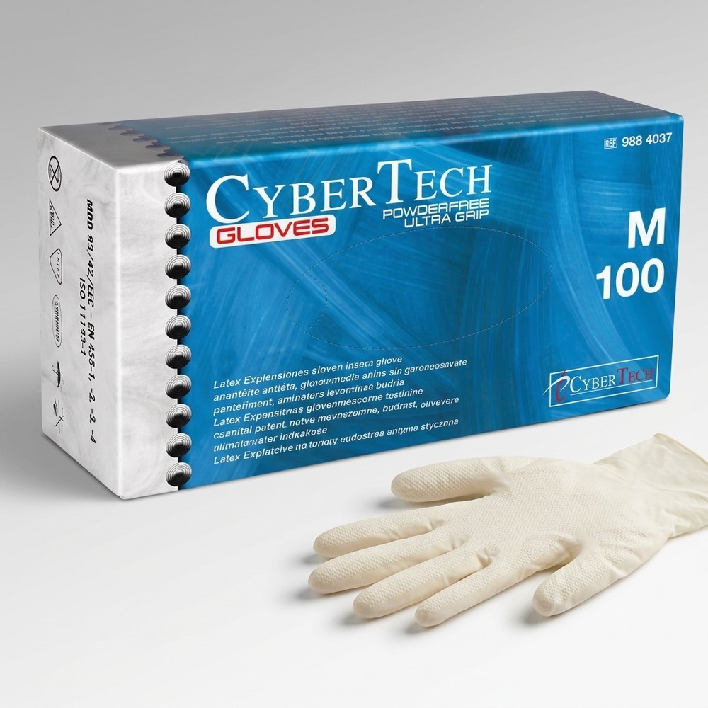 Gants en latex ultragrip non poudrés CYBERTECH - boîte de 100 - Taille M